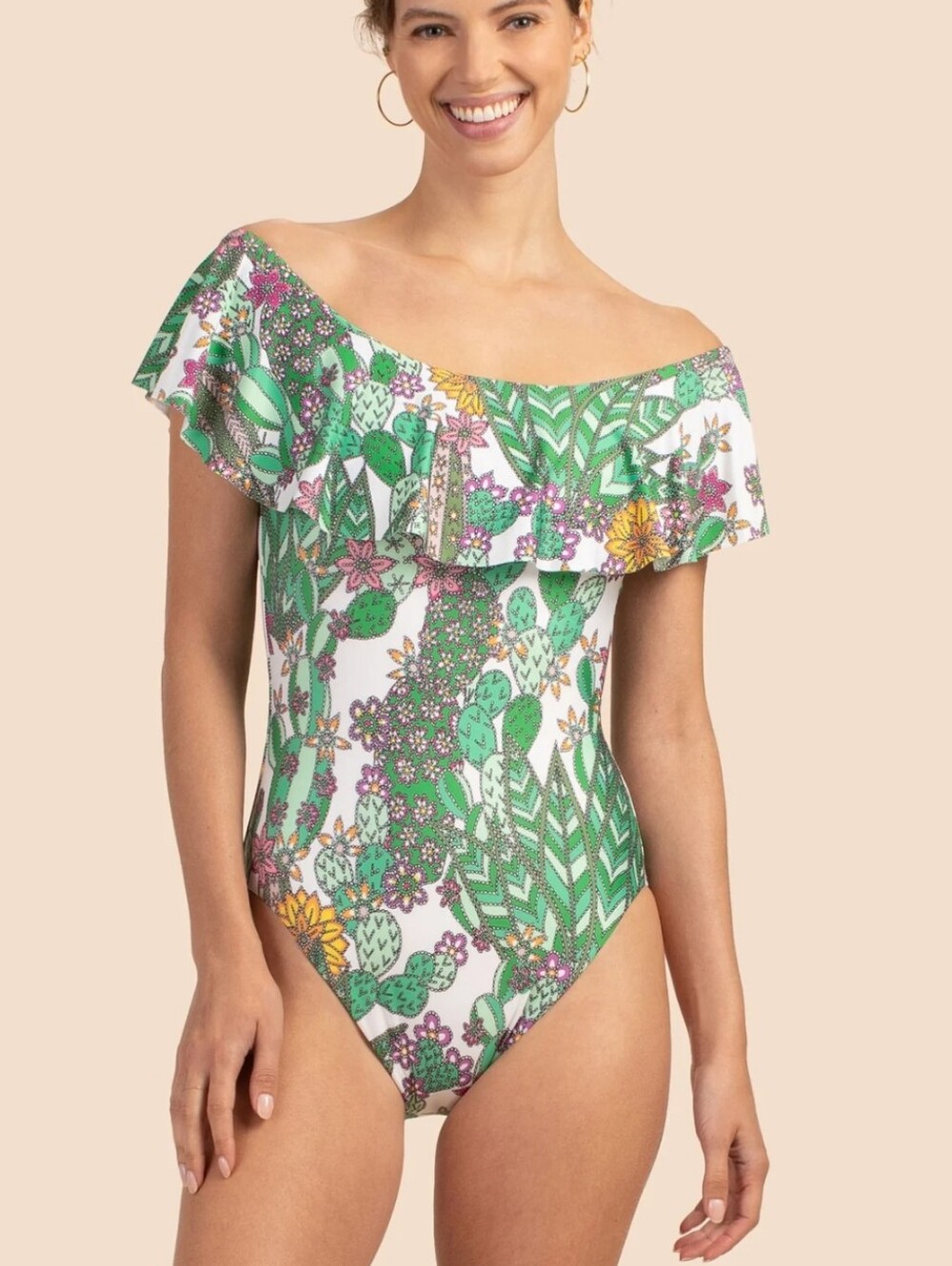 Trina Turk White One-Shoulder Ruffle Cactus Floral Swimsuit